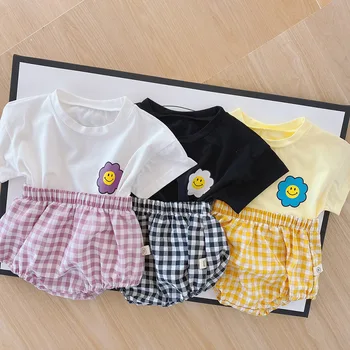 2023 Yaz Toddler Kız 2 ADET Giyim Seti Kısa Kollu Gülen Yüz Moda Gömlek Ekose Muslin Elastik Bel Üçgen Pantolon Takım Elbise
