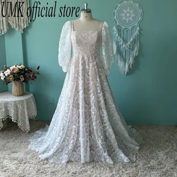 UMK Vintage Boho Bir Çizgi düğün elbisesi Uzun Fener Kollu Dantel Kare Boyun Chic Vestido De Noiva
