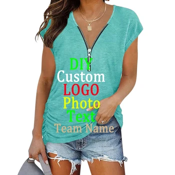 Özel logo kadın Giyim 2022 Yaz Yeni Stil Göğüs Fermuar Pilili Rahat kısa kollu tişört Tops