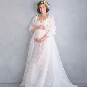 Sevgiliye Boho hamile elbiseleri Uzun Kollu Nokta Tül Fotoğraf Sabahlık kadın Balo Elbise Vintage robe de mariee