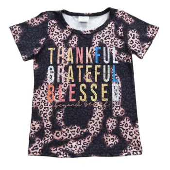 Kızlar Müteşekkir Mektup Baskılı Üstleri Yürümeye Başlayan Çocuk Şükran Günü Pamuklu T-Shirt Elbise Butik Leopar TEE Gömlek