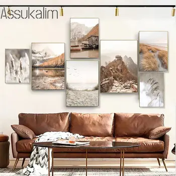 Dağ Duvar Sanatı Saman Kamış Baskı Resimleri Pampas Çim Tuval Resimleri Dağ Evi Sanat Baskılar İskandinav Posterler Oturma yatak odası dekoru