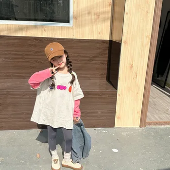 Çocuk Giyim 2023 İlkbahar ve Yaz Yeni Moda Kız Kore Tarzı Sahte İki Parçalı Patchwork Gevşek Kişilik T Shirt Üst