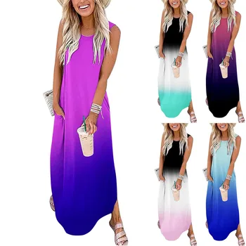 Kadın Giysileri Rahat Gevşek Yaz uzun elbise Kolsuz Maxi Elbiseler Çok Renkli Yaz Plaj Elbise Cepler Vestidos