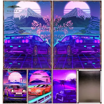Neon Severler Araba Metal Tabela Posteri D Son Sahne Alacakaranlık Gün Batımı Spor Arabalar Boyama Resim Sanat ev dekorasyon için duvar dekoru