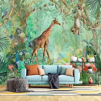 Tropikal yağmur ormanlarında zürafa hayvanları ve çocuk odası için özelleştirilmiş 3D duvar kağıtları, oturma odası ve yatak odası için duvar çıkartmaları