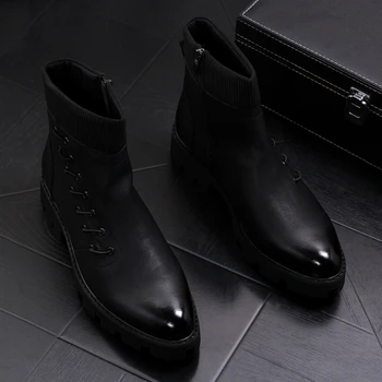 italyan marka tasarımcı erkek moda orijinal deri çizmeler siyah eğilim platform ayakkabılar kovboy bileğe kadar bot yakışıklı kısa botas