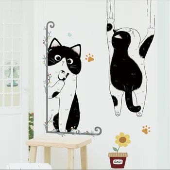 Sevimli kedi siyah ve beyaz duvar Sticker duvar kağıdı oturma odası çocuk çocuk odası ev dekor
