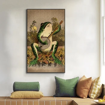 Kurbağa Gitar Çalmak Yaratıcı Retro Hayvan Boyama Posteri Duvar sanat resmi Yatak Odası Oturma Odası Dekorasyon Tuval Boyama