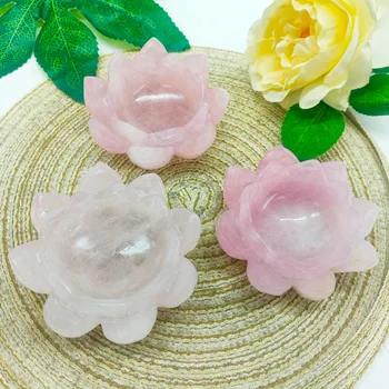 1 ADET Doğal Kristal Lotus Kase El Sanatları Pembe Manevi şifa taşı Güzel Gül Kuvars Ev Dekorasyon Yoga Meditasyon