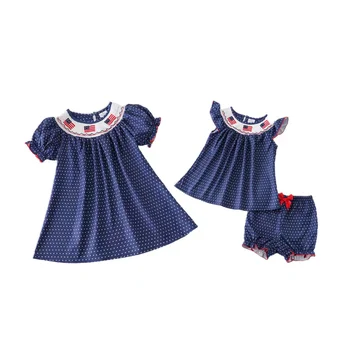 Girlymax 4th Temmuz Bağımsızlık Günü ABD Yaz Bebek Kız Kardeş Butik Çocuk Giysileri Donanma Nokta Önlüklü Elbise şort takımı
