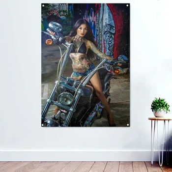 Biker Dövme Kız Motosiklet Duvar Sanatı Posterler ve Baskılar Afiş Bayrak Boyama Erkekler için Mağara Genç Erkek Odası Dekor Duvar Halısı