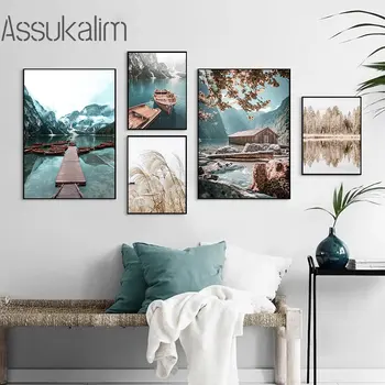Köprü Baskı Resimleri Göl Tekne Boyama Posterler Saman Kamış Sanat Baskılar Ahşap Duvar sanat dekoru İskandinav Posteri Oturma Odası Dekorasyon