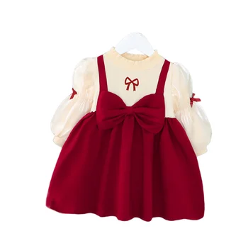 Kızlar Kırmızı Etek Sonbahar Prenses Elbise Bebek Retro Rahat Uzun Kollu Doğum Günü Partisi Çocuk Giysileri Toddler