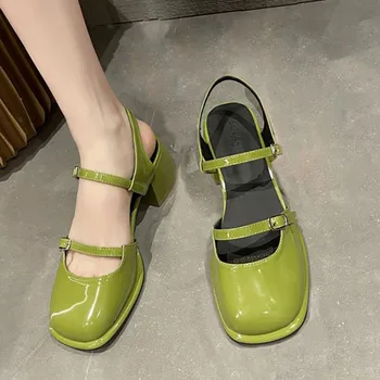 Kadın Mary Janes Kare kafa Sandalet Bayanlar 2023 Yaz Tasarım Vintage Yeşil zarif ayakkabılar Kore Moda Parti tek ayakkabı Yeni