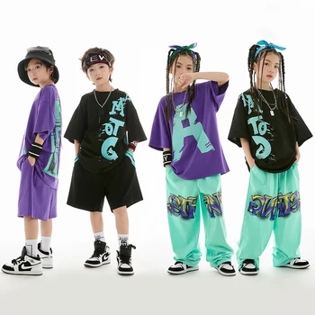 Yaz Çocuklar Hip Hop Dans Elbise Kısa Kollu T Gömlek Gevşek Pantolon Jogger Caz dans kostümü Erkek Kız Performans Giyim L10369