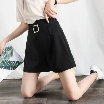 Kadınlar için kısa pantolon Giymek Geniş Bayan Şort Çalışma Ofisi Kemer ile Yüksek Bel Siyah Genç Rahat Kore Tarzı Giysiler Sıcak