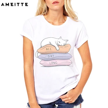 AMEİTTE Yaz Üstleri Komik Uykulu Kedi T Shirt Kadın Sevimli Uykulu Yavru Baskı Moda Tüm Maç Kadın beyaz tişört Gömlek