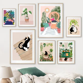 Komik Kedi Posteri Kediler Botanik Bitki Tuval Boyama Kedi Sevgilisi Hediyeler Mutfak Duvar Sanatı Resimleri için Oturma Odası Ev Dekor