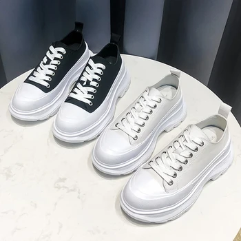 2021 Genç Kızlar kanvas ayakkabılar Bayanlar Ultra Hafif Platformu Flats kanvas sneaker Düşük Üst Dantel-up Yükseltilmiş Sürüngen Kadın Loafer'lar