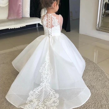Büyüleyici Fildişi Aline Çiçek Kız Elbise Doğum Günü Illusion Aplikler Düğün Robe De Demoiselle Prenses Communion Elbise