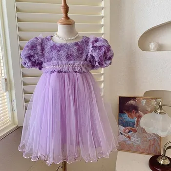2023 Yaz Yeni Kız Prenses Elbise Çocuk Yüksek Bel Örgü Tutu Elbise Bebek Çocuk Sevimli çiçekli elbiseler Puf Kollu parti giysileri
