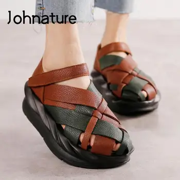 Johnature Hakiki Deri Retro Ayakkabı Kadın Sandalet Kanca ve Döngü Karışık Renkler 2022 Yeni Bahar Yaz Özlü platform sandaletler