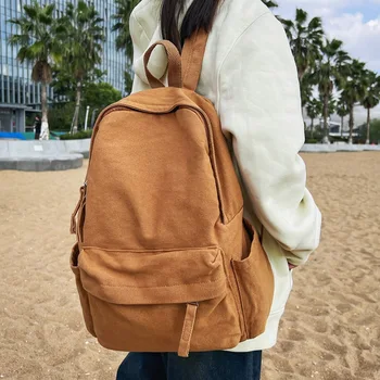 Japon kanvas çanta basit düz renk retro sırt çantası koleji öğrenci schoolbag kadın sırt çantası erkek