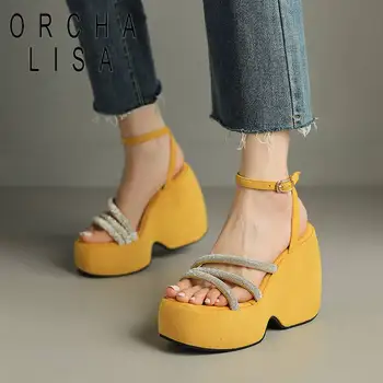 ORCHA LISA Bayanlar Sandalet Takozlar 12 cm Akın Platformu Tepe 5 cm Ayak Bileği Toka Kayış Büyük Boy 41 42 43 Muhtasar Günlük Ayakkabı Kadın