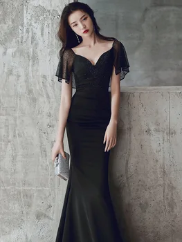2020 Sonbahar Yeni Stil Uzun Tarzı Siyah Zarif Gece Elbisesi Kadın Mizaç Seksi Fishtail Parti Kraliçe Elbise