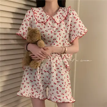Pamuklu Pijama Kore Pijamaları Kadınlar için Yaz 2023 Pijama Kiraz Baskı Pijama Kadın Seti 2 Parça Gecelik Sevimli Loungewear