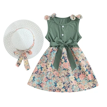 FOCUSNORM 3-7Y Yürüyor Çocuk Kız Boho Elbise 2 adet Kolsuz Çiçek Baskı Patchwork Kuşaklı Elbise güneş şapkası