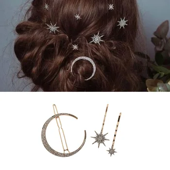 Kadın Yan Klip Saç Tokalarım saç aksesuarları 3D Geometrik Yıldız Ay Taklidi saç tokası Seti Gümüş Kar Tanesi Yıldız Tokalar
