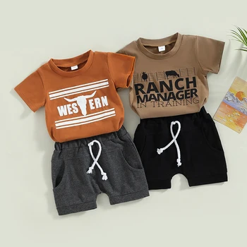 FOCUSNORM 2 adet Çocuk Boys Giyim Setleri 0-3Y Kısa Kollu Yuvarlak Boyun Mektuplar Baskı Üstleri Kısa İpli Pantolon Rahat Kıyafetler