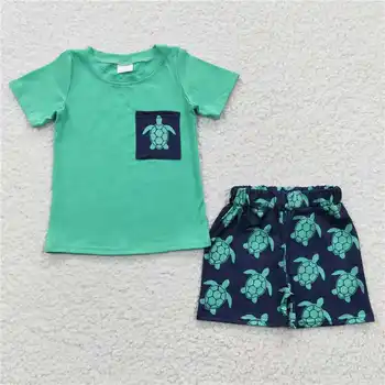 C9-4 Yaz Batı Erkek Yeşil Kaplumbağa Cep Yaz Erkek Takım Elbise Rahat 2 parçalı set bebek erkek giysileri rahat giyim
