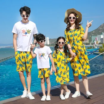Yaz Plaj Aile Giyim Elbise Anne Kızı Elbiseler Baba Oğul Pamuklu tişörtler ve Şort Tatil Sahil Çift Kıyafetler