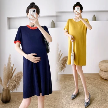 U44026 # Gebelik Elbise Artı Boyutu Kısa Kollu Gevşek Elbise Kadın Yaz Anne Örme Orta Uzun Renk Bloğu Hamile Kadınlar Elbise