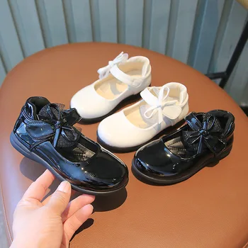 Kızlar Prenses Yay deri ayakkabı İlkbahar Sonbahar Yeni PU Basit Çocuk Katı Siyah Üniforma Performans Sığ Loafer'lar PU ayakkabıları