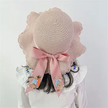 2022 Kızlar Hasır Şapkalar Yaz Tatili Tavşan Şerit İlmek Dekore Geniş Kenarlı Güneş Koruyucu Şapka plaj şapkaları Çocuklar için Bebek 52CM