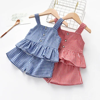 1-6years Bebek Kız Giysileri Setleri Yaz Sevimli Ekose kaşkorse Şort iki parçalı trend Takım Elbise Küçük çocuk giyim