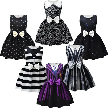 Sıcak Çarşamba Addams Kız Elbise Cosplay Kostüm Büyük Yay Çizgili Siyah Çocuklar Elbiseler Kızlar Karnaval Akşam Parti Cadılar Bayramı Hediye
