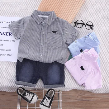 2023 Yaz Çocuk Giyim Bebek Erkek Kısa Kollu Yaka Gömlek + Şort 2 ADET Bebek Doğum Günü Giysileri Setleri Çocuklar Rahat Kıyafetler