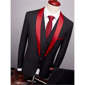 Erkek Kırmızı Şal Yaka Takım Elbise için 2021 Düğün Custom Made Siyah Sigara Smokin Ceket 3 Parça Set Damat Terno Takım Elbise erkekler İçin