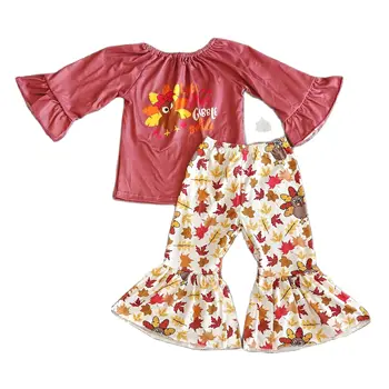 Moda Bebek Kız Giysileri Set Kısa Kollu Yuvarlak Boyun Beş Nokta Dantel Kollu Karikatür Civciv Baskı Üst + Çan Alt pantolon seti