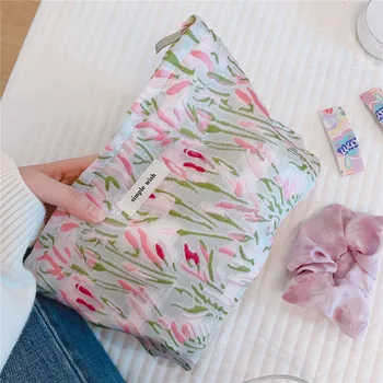 Taze Nazik Kozmetik Çantası Kiraz Çiçeği Pembe Jakarlı Kumaş Makyaj Çantası Büyük Kapasiteli Saklama Torbaları el çantası Seyahat için