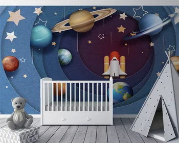beibehang papel de parede 3d Özelleştirilmiş modern yeni uzay gezegen yıldızlı gökyüzü roket çocuk odası arka plan duvar kağıdı