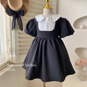 2023 Yeni Kız Lolita Siyah Elbise Prenses Muhteşem Bebek Yaka Yürümeye Başlayan çocuk elbiseleri Yaz Puf Kollu Kore Kostüm