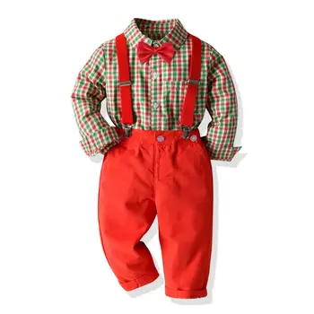 Sonbahar Erkek Giysileri Takım Elbise Çocuklar için Noel Elbise Ekose Gömlek Kırmızı Kemer + Pantolon Çocuk Uzun Kollu Dış Giyim 1 2 3 4T 5 6 Yıl