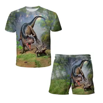 Çocuk Dinozor giyim setleri Erkek Bebek Jurassic Park 3 Elbise Kız Kısa Kollu T gömlek + Pantolon 2 adet Takım Elbise Erkek Giysileri 1-14T