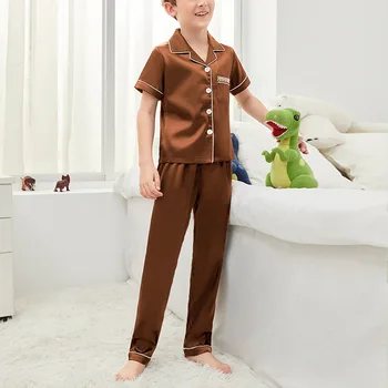 6 İla 14 Yıl Erkek Pijama Katı Rahat Ev Tekstili Çocuklar Yaz Pijama Seti İpek Rahat Giyim Kıyafeti